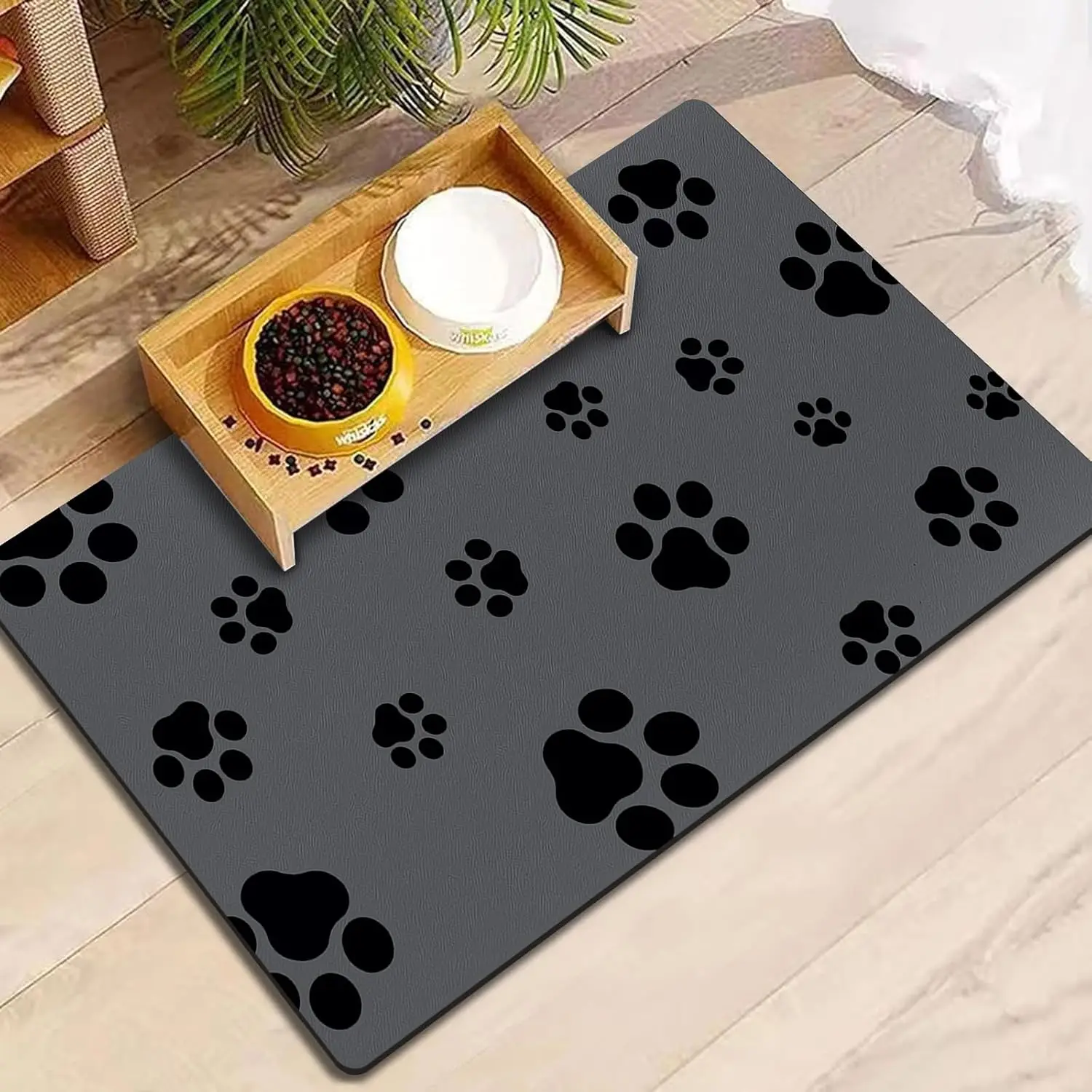 

18"x30" Dog Food Mat, Absorbent & Quick Dry, No Stains, Dark Grey with Footprints for Messy Drinkers