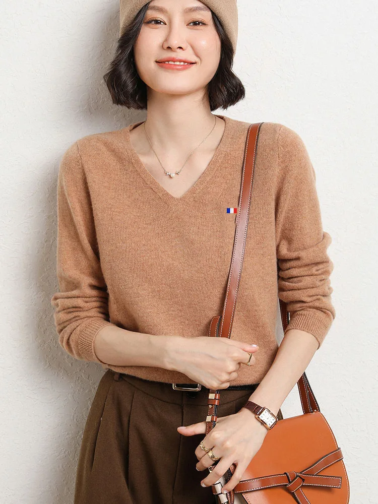 Autunno nuovo maglione di cashmere per le donne maglione pullover corto con scollo a v maglione lavorato a maglia coreano a maniche lunghe in tinta
