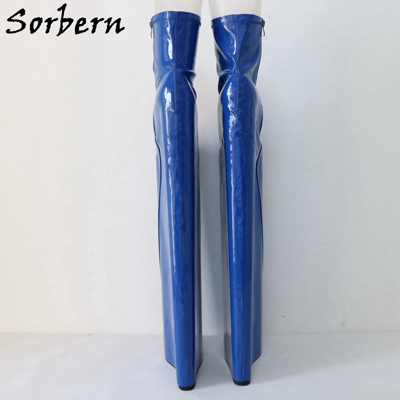 Sorbern Blue Fetish Drag Queen Boot Women 60cm Patent Hidden Platform Punitive Shoes Zip Up Thick For Crossdreser Custom