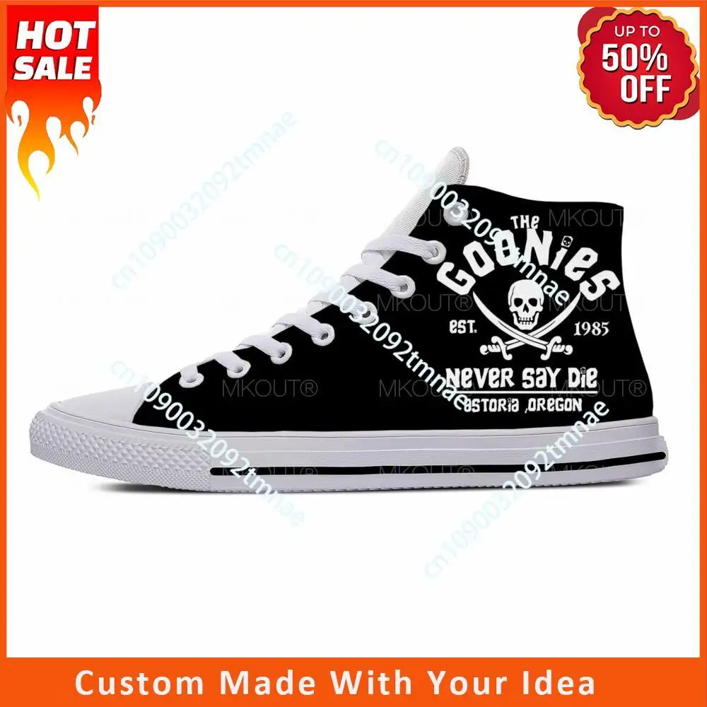 

Goonies Never Say Die Skull Pirate Rock Fashion Casual Cloth Shoes High Top Lightweight Breathable Custom Men Women Sneakers