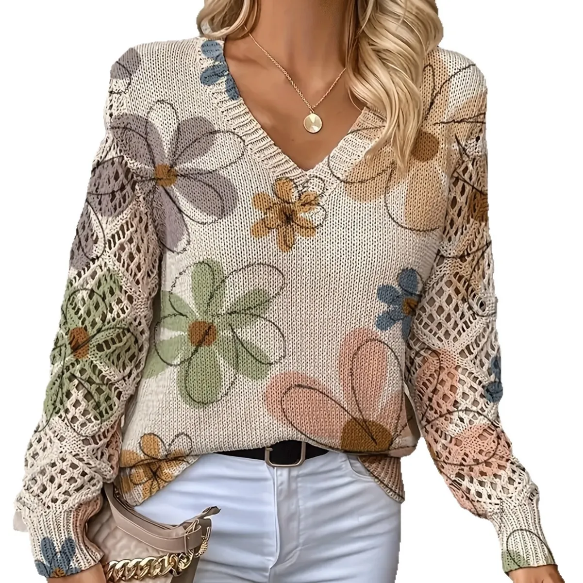 

New Womens Boho Floral Print V Neck Crochet Knit Sweater Long Sleeve Loose Fit Jumper with Hollow Out Sleeve