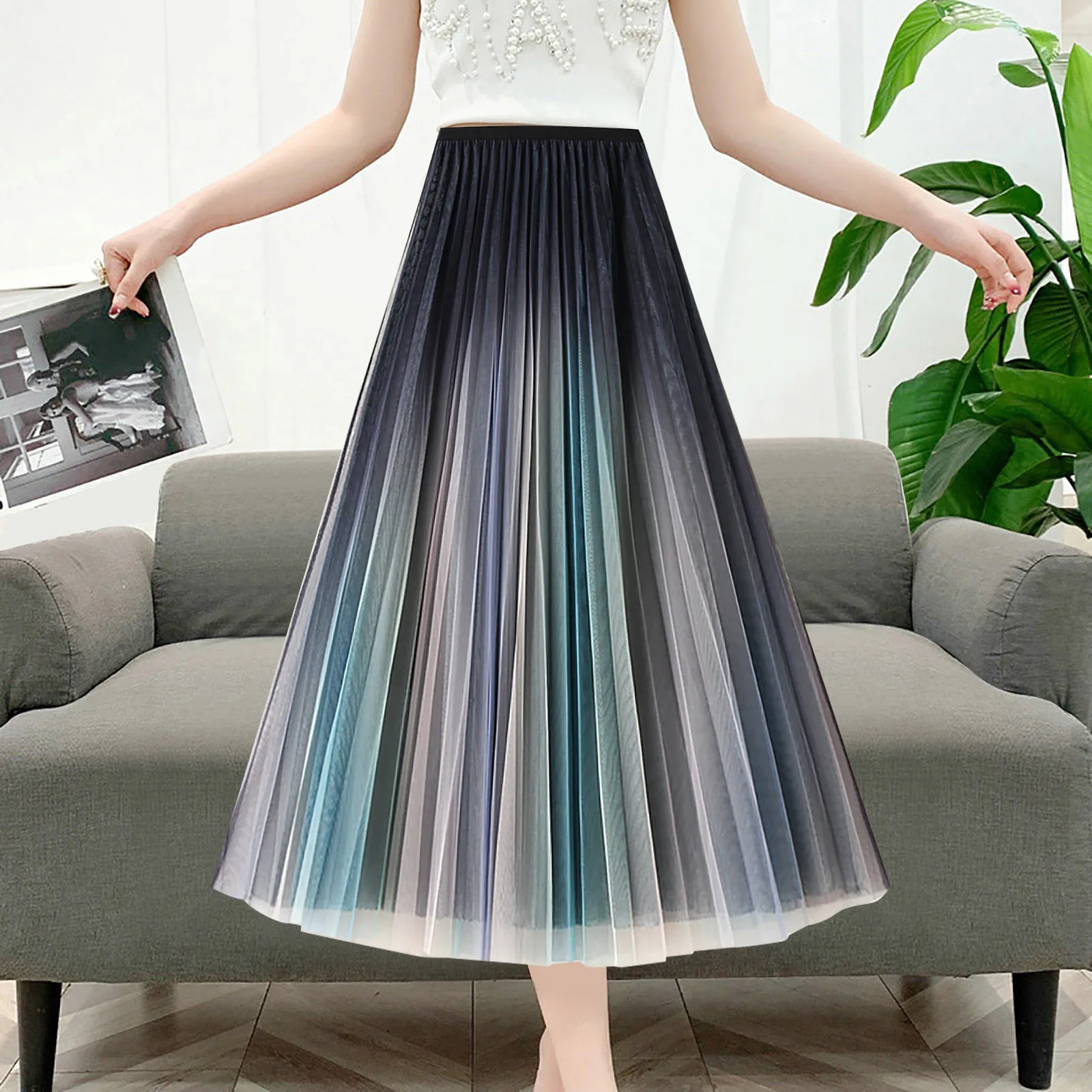 

Gradient Color Pleated Skirt Women Sping Fall Fairycore Drape A-line Mid-length Skirt Female Korean Style Y2k Faldas Mujer