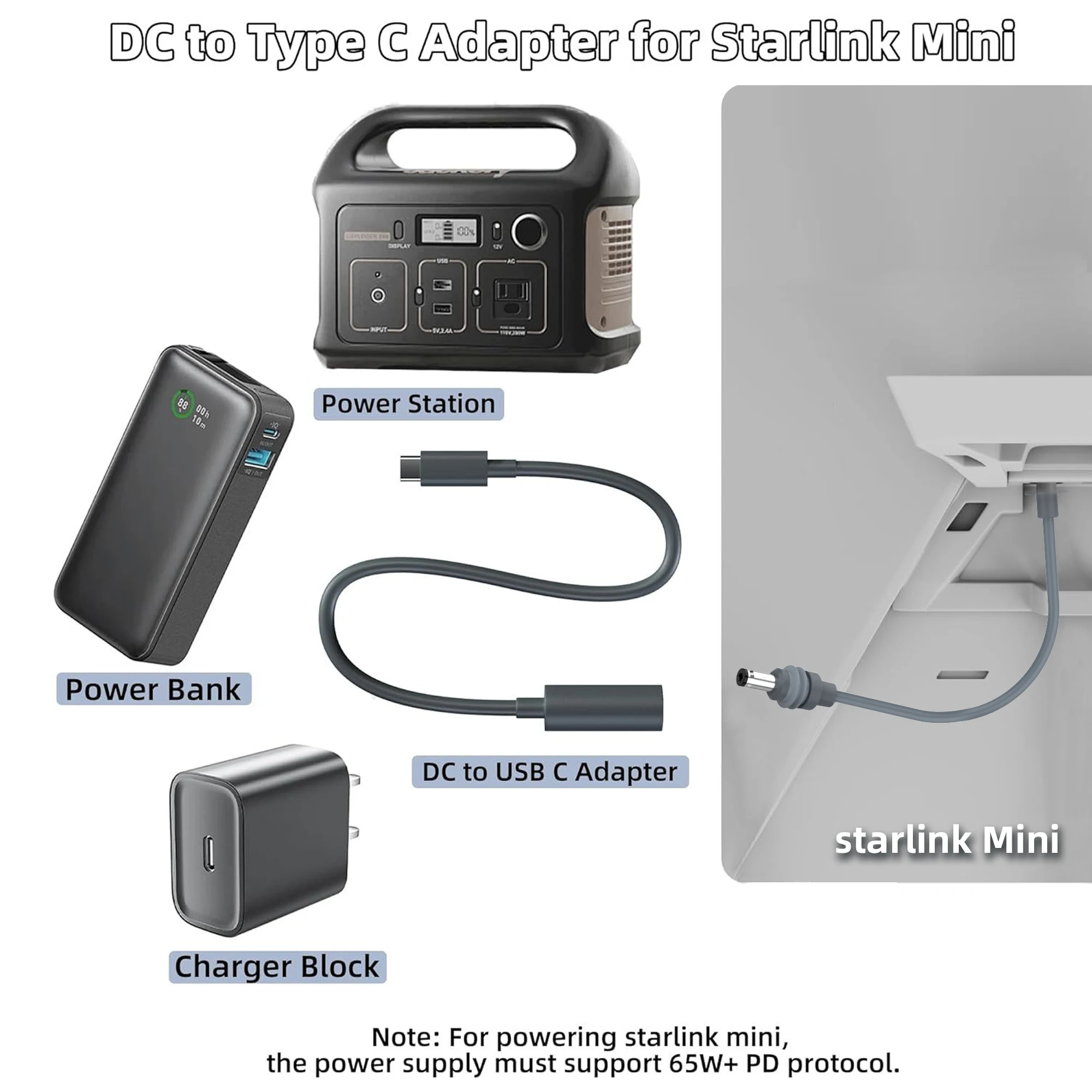 For Starlink Mini DC to Type C Adapter 22CM Waterproof Power Converter Hole Extender USB C Power Cable 65W+ PD Source