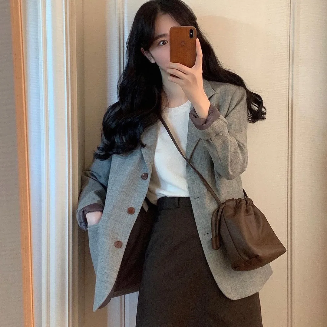 Retro Single-Button Suit Professional Design Simple Long-Sleeve Open Cardigan Outerwear Elegant Fashionable Women's Jacket
