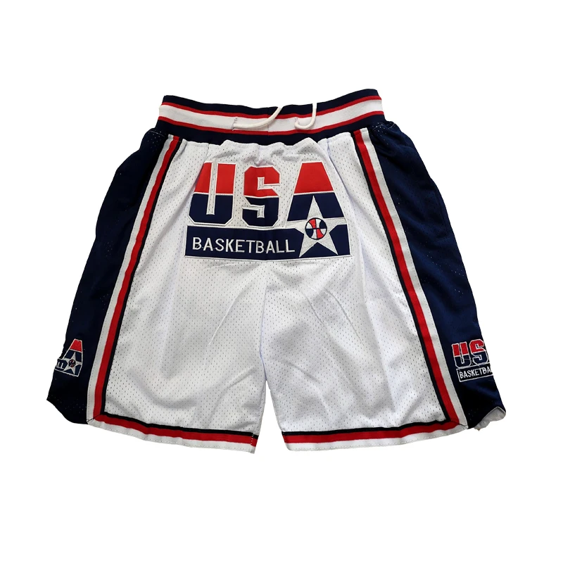 Basketball Shorts Usa 1992 Zipper Four Pockets Sewing Embroidery Outdoor Sport Shorts Beach Pants High-quality White Blue 2023