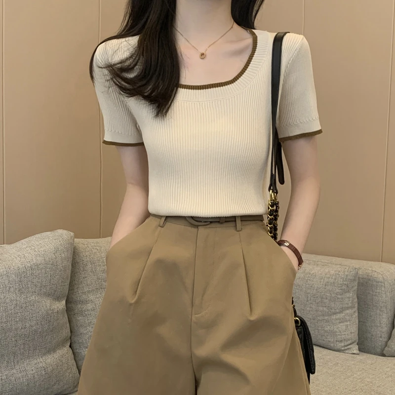 Women's T-shirt Knitted Round Neck Short Sleeved T-shirt Slim Fitting Solid Color Versatile Fashion Casual 2024 Summer