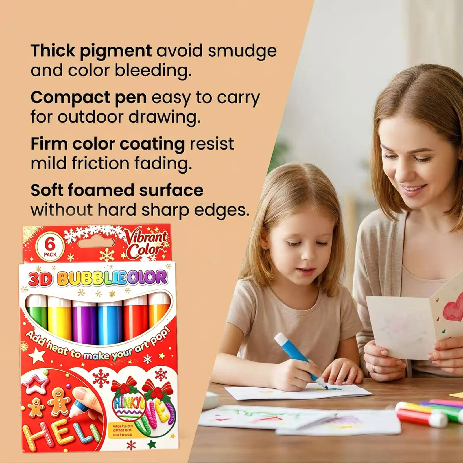 6pcs 3D Bubble Pens Water Based Puffy Foam Paint Set for Kids Art Crafts, Birthday Party Gifts, Creative School Supplies