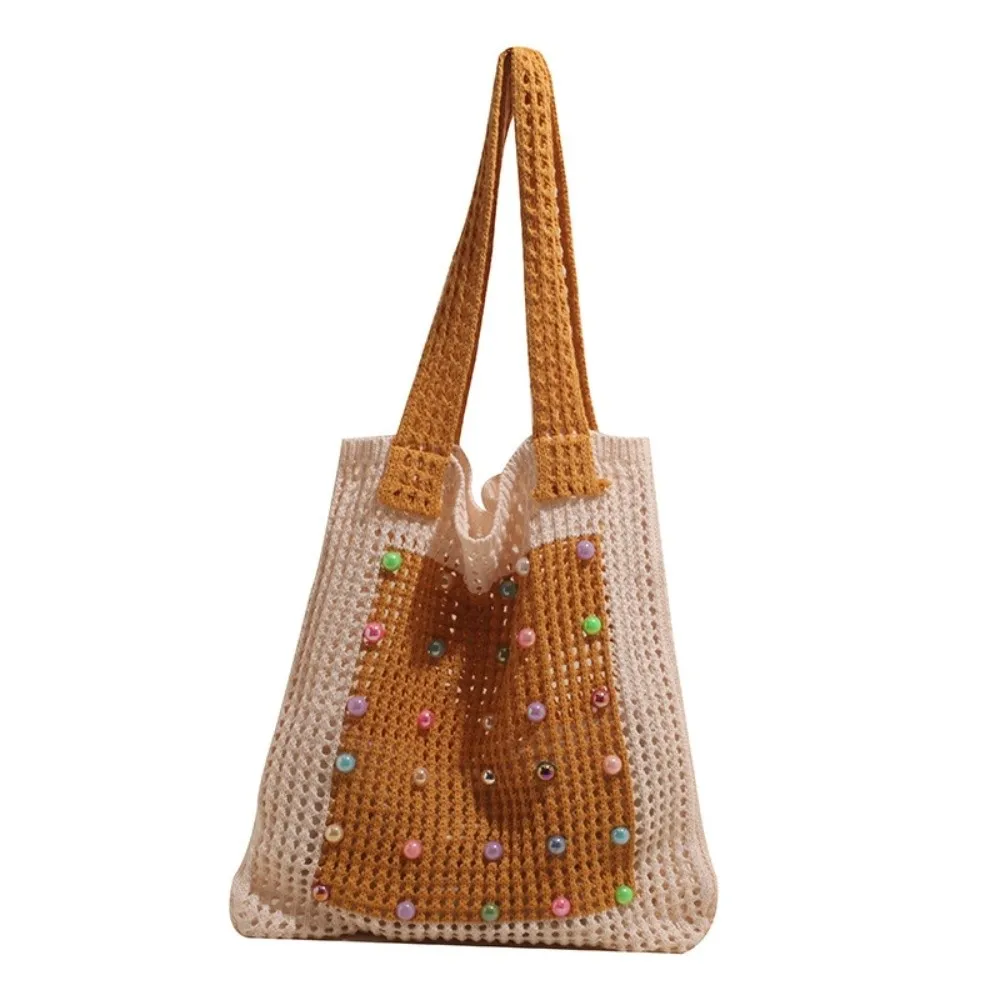 

Colorful Knitting Shoulder Bag Large Capacity Korean Style Bohemian Crochet Tote Bag Beaded Decoration Hollow Out