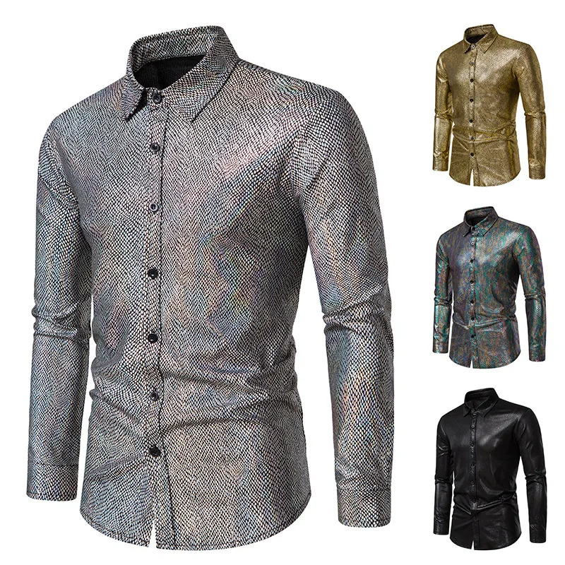 New Snakeskin Bronzing Stage Dress Banquet Fashion Men's Long-sleeved Shirt A301 Men Clothing  Shirt for Men