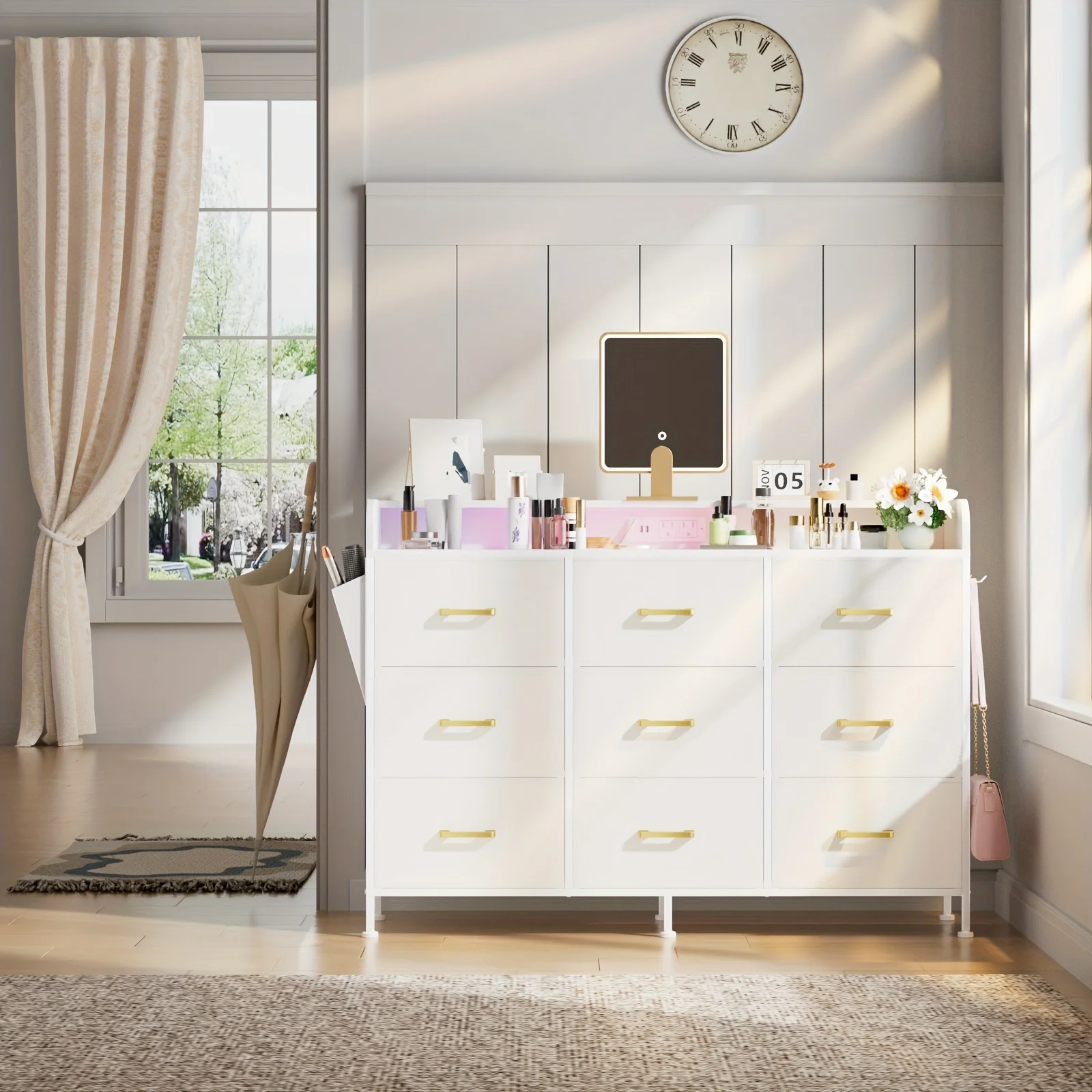 

9-Drawer White Dresser TV Stand - Tool Holders with LED Lights, Power Outlets, Shelves, Side Pockets, Sturdy Metal Frame, And Wood Top for 55" TV In Bedroom