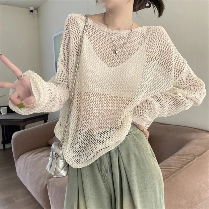 Solid Backless Pearl Chain Loose Knitting Pullovers Summer New Round Neck Hollow Out Korean Long Sleeve Loose Women T Shirt Top