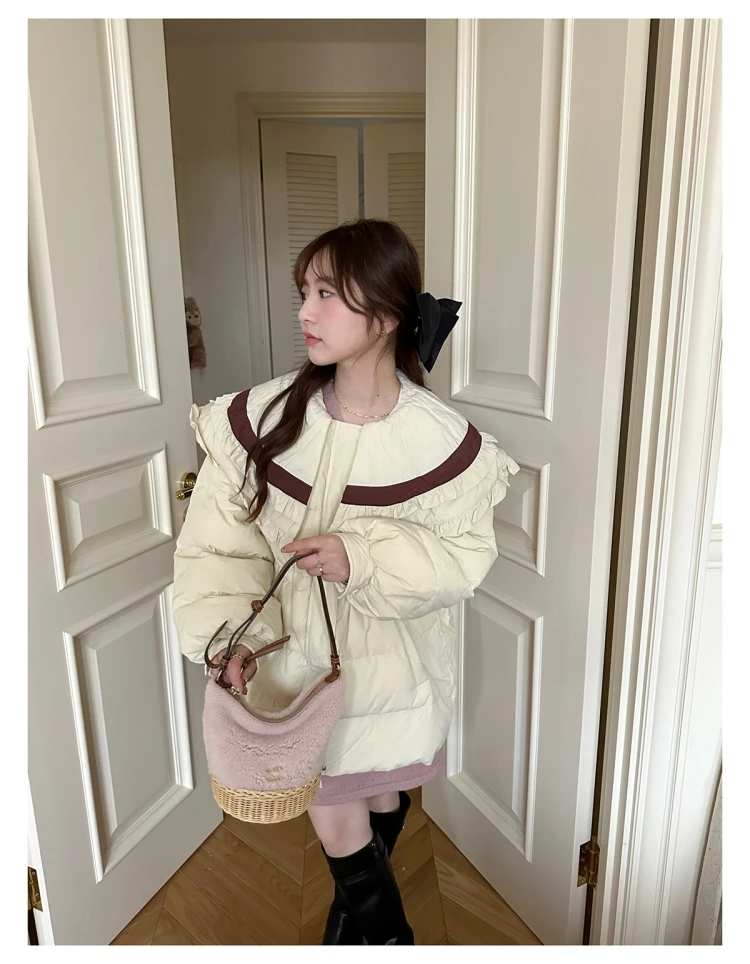 เกาหลียอดนิยมใหม่ 2024 ขนาดใหญ่ High-end อุณหภูมิขั้นสูงออกแบบ Niche ลูกไม้เอว-cinching เป็ดสีขาวลงเสื้อ