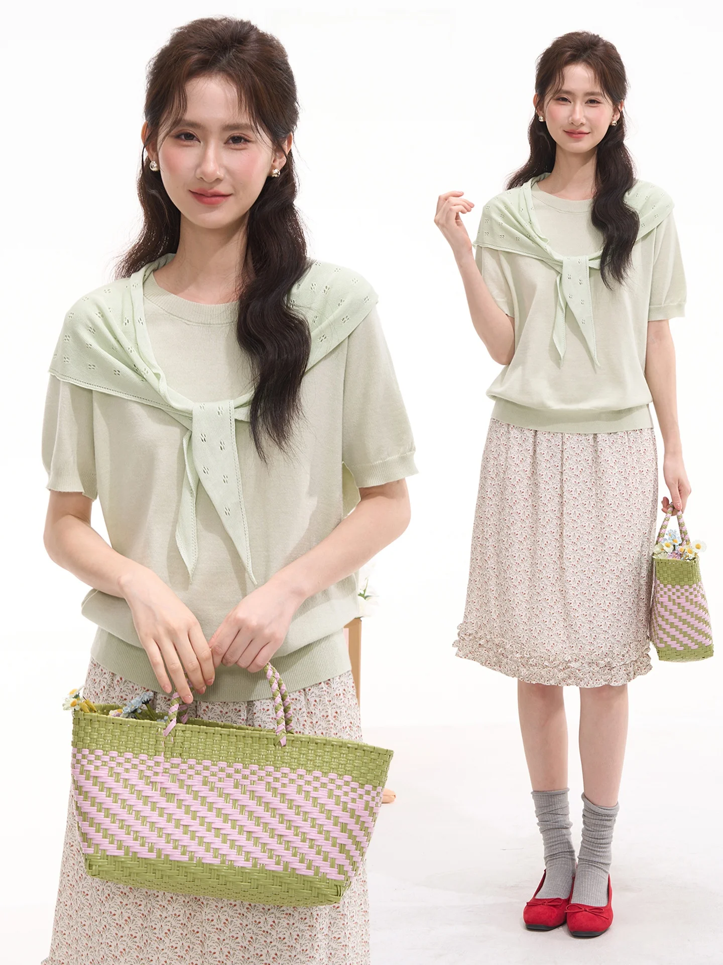 

Heme Caramel Macchiato Korean Style Hollow out Shoulder Wrap Short Sleeve Knitted Top Summer Women's Casual Loose Fit round Neck