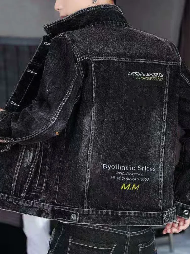 

Мужская приталенная повседневная джинсовая куртка черного цвета, весенне-осенняя, модная, в корейском стиле, стандартной длины, для повседневной носки