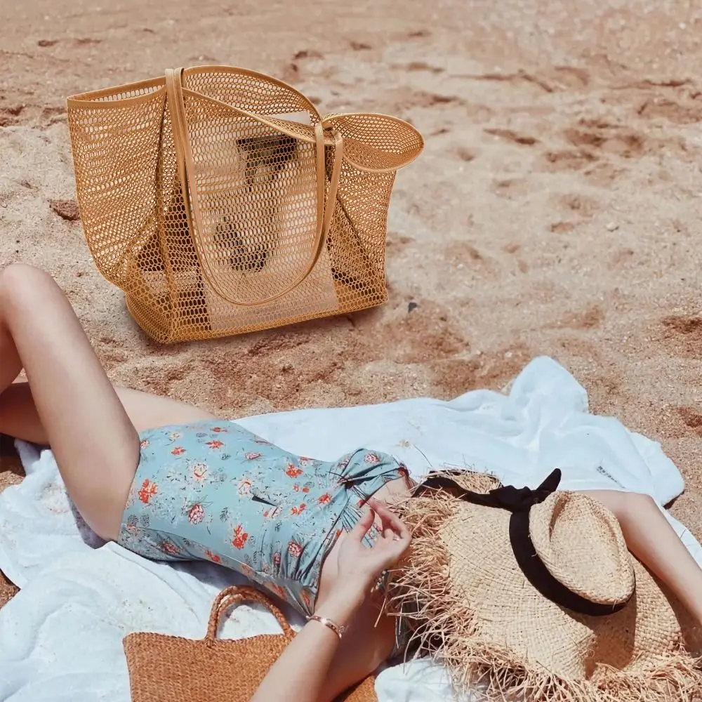 Portable Nylon Mesh Tote Bag Large Capacity Black Khaki Pink Shoulder Bags Lightweight Beach Handbags for Outdoor Travel