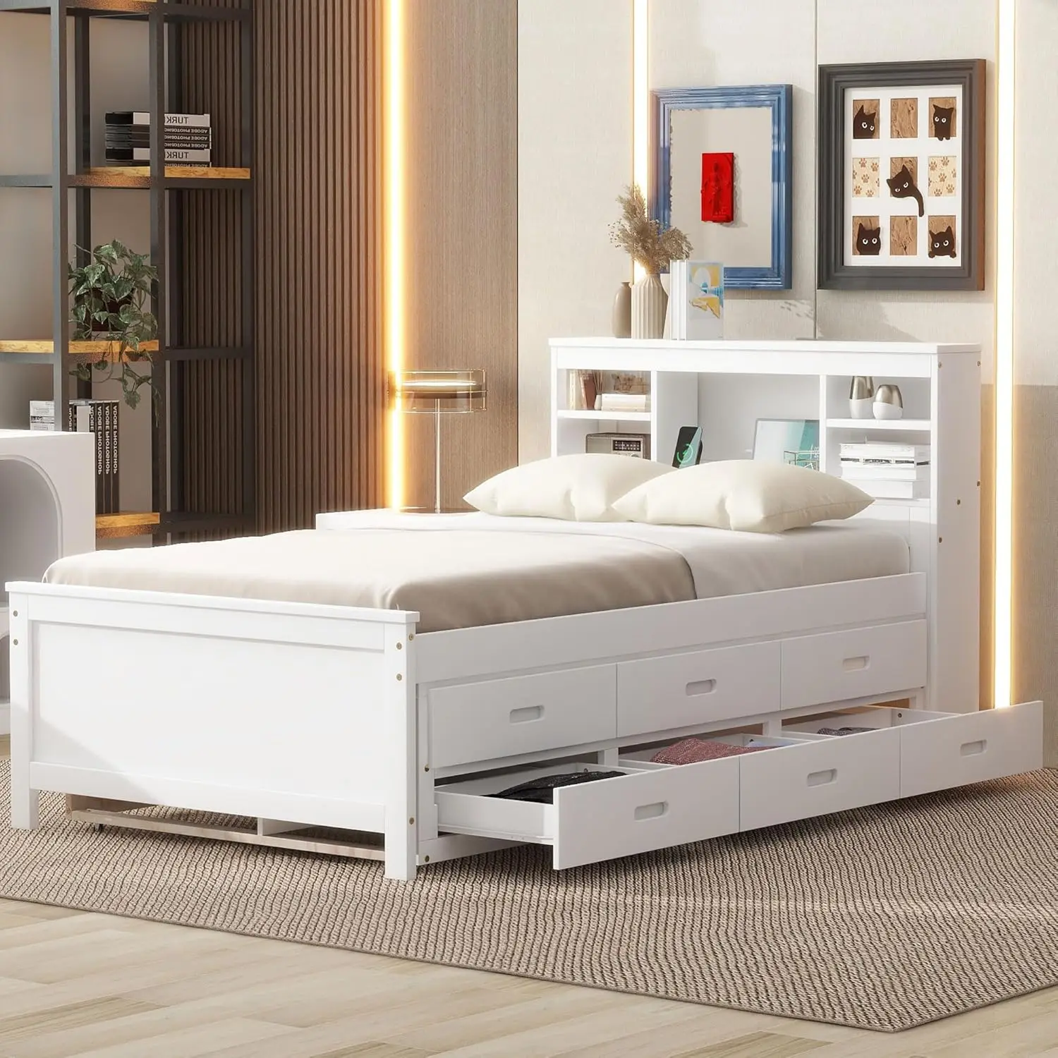 

Twin Size Bed With Trundle And Drawers, Twin Storage Bed With Bookcase Headboard, Usb Ports Outlets, Wood Twin Bed Frames For