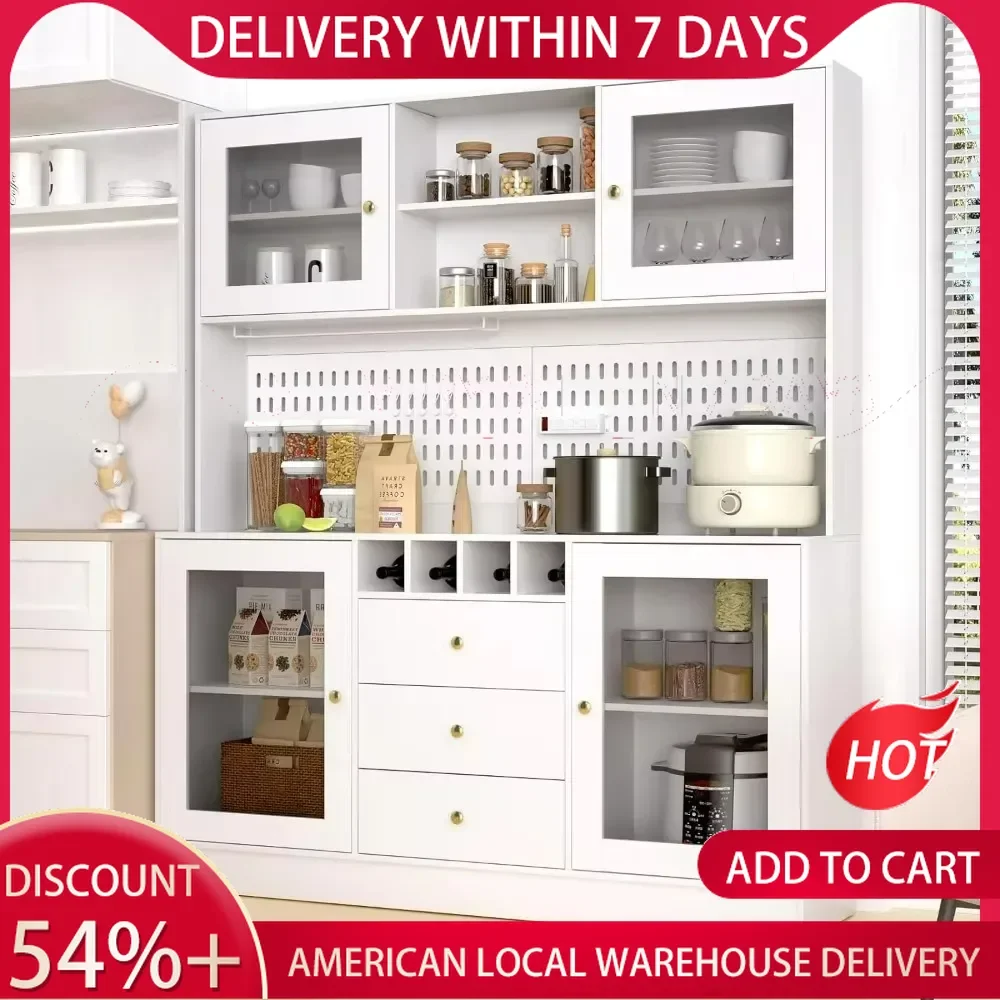 Kitchen Cabinet,Pantry Cabinet,Freestanding Buffet Hutch Pegboard,PowerOutlet,4Doors3Drawers,Cupboard Microwave Shelf Wine Racks