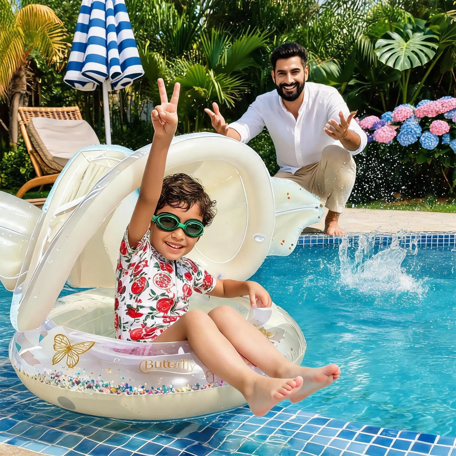 

Floats For Kids Inflatable Swimming Tubes With Detachable Sun Protection Canopy Thicken Anti-Tip Seat Kids Float For Aged 3-48