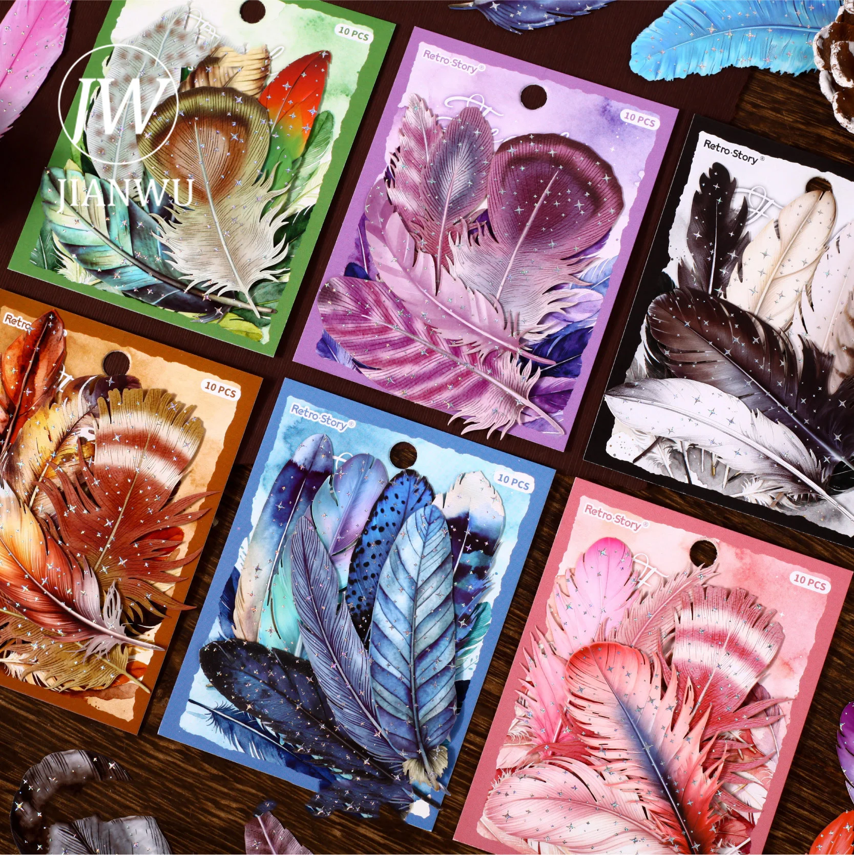 JIANWU Feather Series Vintage Colorful Feather Landscape Material Collage Scrapbooking Sticker Creative DIY Journal Stationery