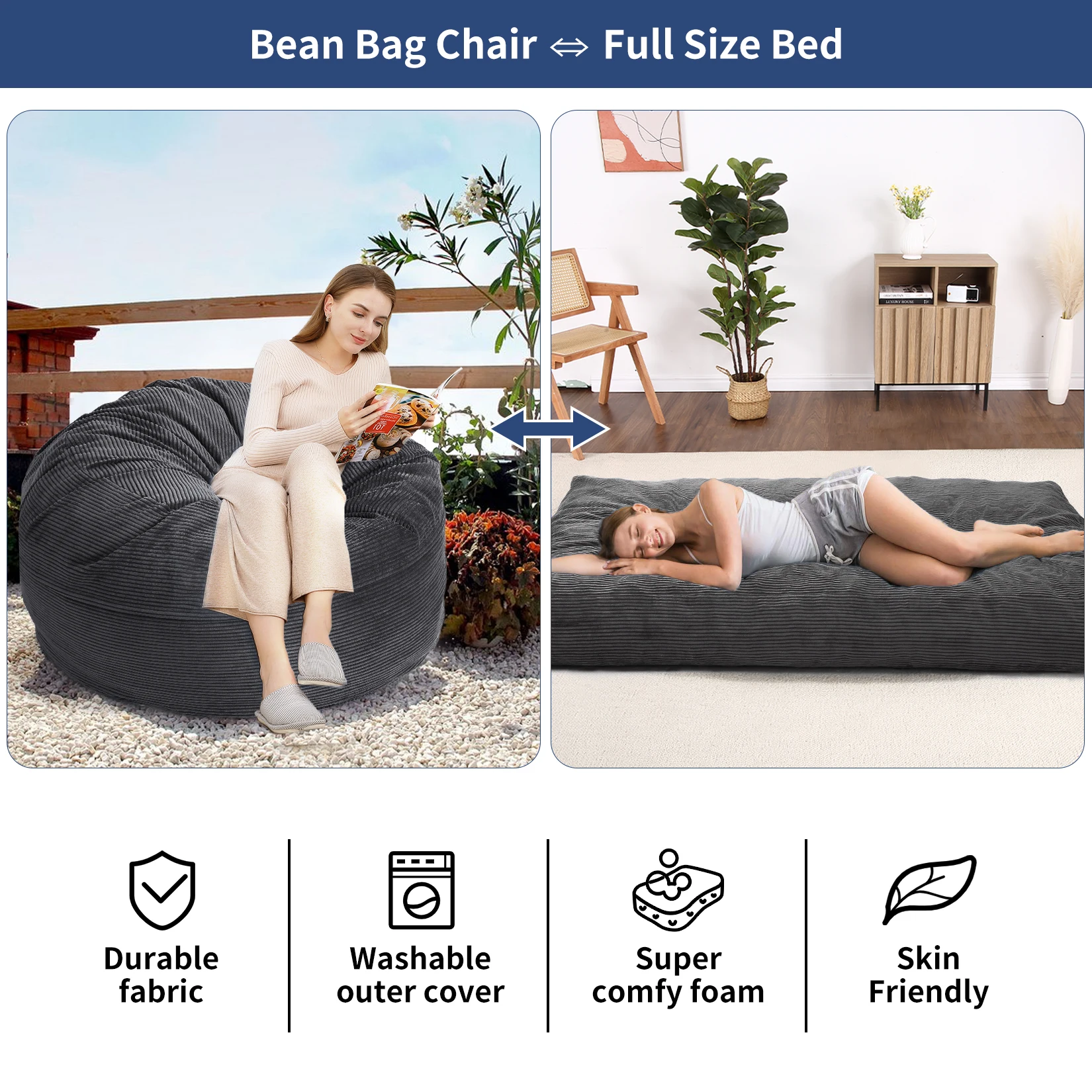 2-in-1 Convertible Bean Bag Chair Bed for Adults – Extra Large Floor Sofa with High-Density Foam & Washable Corduroy Cover, No Assembly Needed