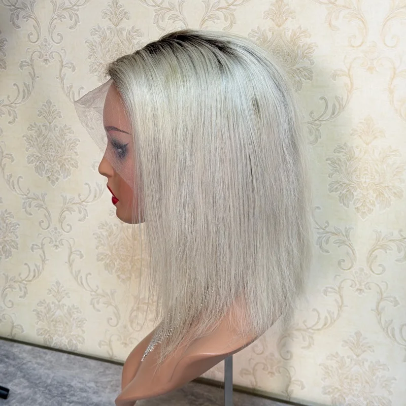 วิกผมบ๊อบสั้นสีบลอนด์เงิน ผมแท้ 13x4 วิกผมหน้าผากลูกไม้ ผมแท้ ถอนขนแล้ว ลูกไม้โปร่งใส ความหนาแน่น 180% วิกผมหน้าผากลูกไม้