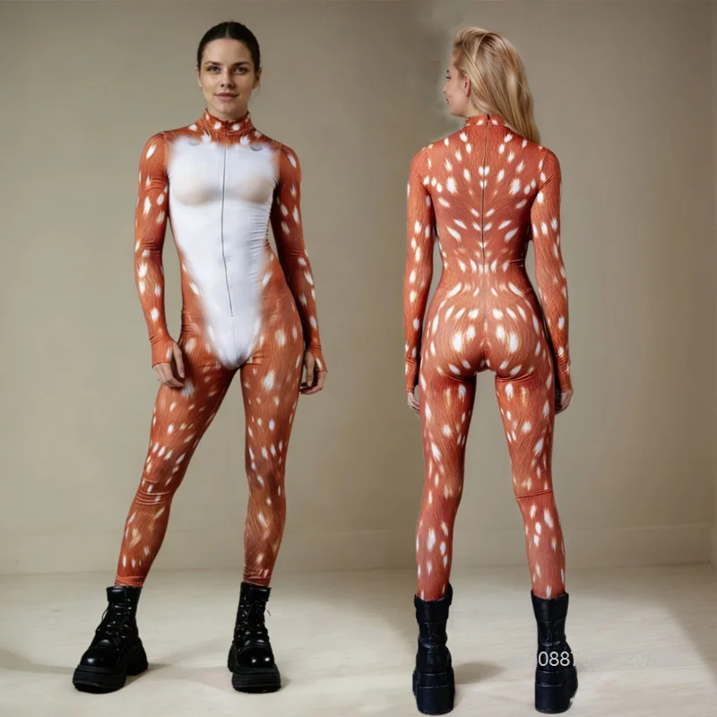 

Новые костюмы животных на Хэллоуин: комбинезон-олень для мужчин и женщин, карнавальный костюм пятнистого оленя, облегающий боди для праздничных вечеринок