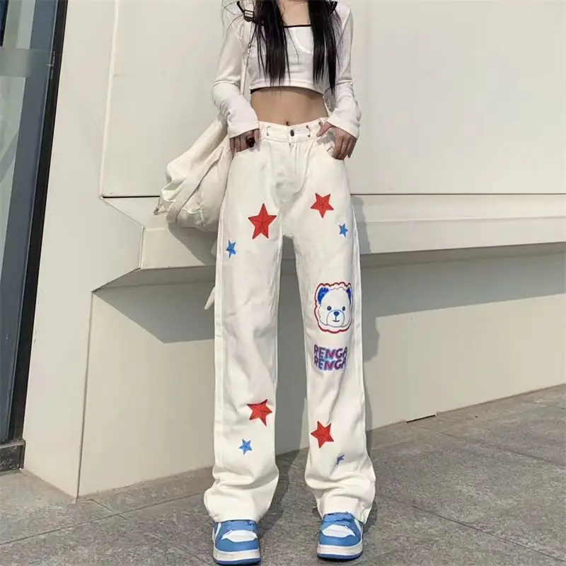 

Streetwear Fashion Women Kawaii Jeans Spring Autumn New High Street Star Little Bear Casual High Waist All-match Loose Trousers