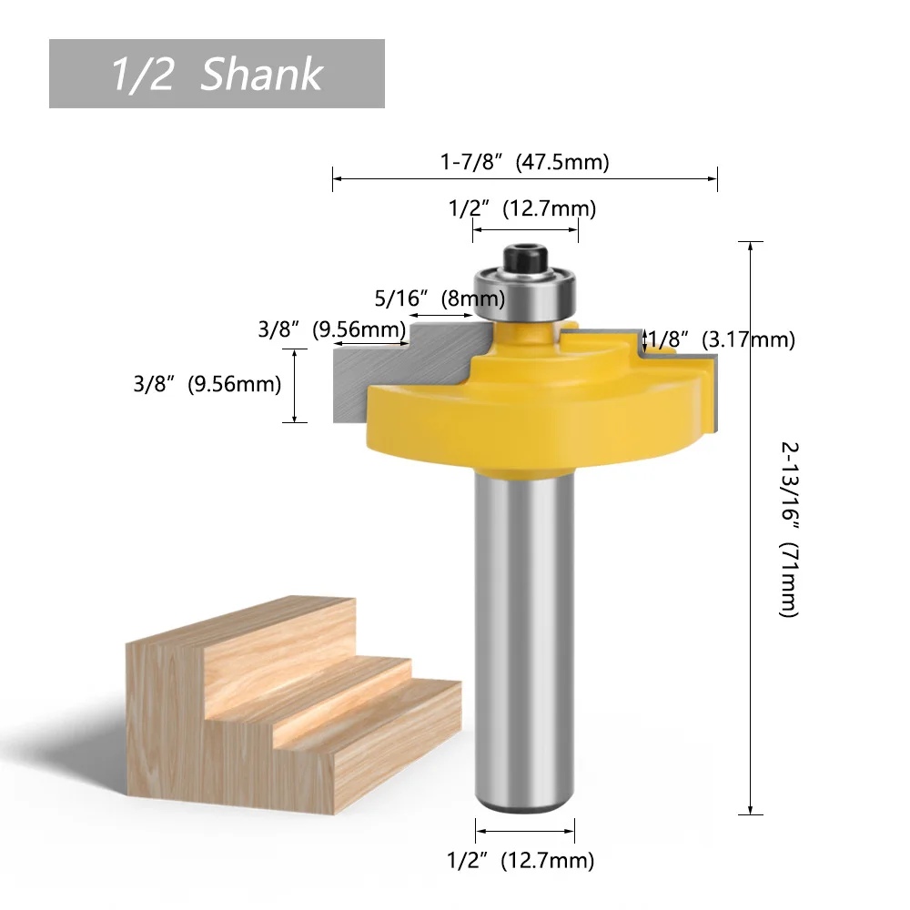 목재 조각 액자 스텝 래빗 몰딩 라우터 비트 카바이드 팁 밀링 커터, 1/2 인치 12.7mm 12mm 생크 밀링 커터, 1 개