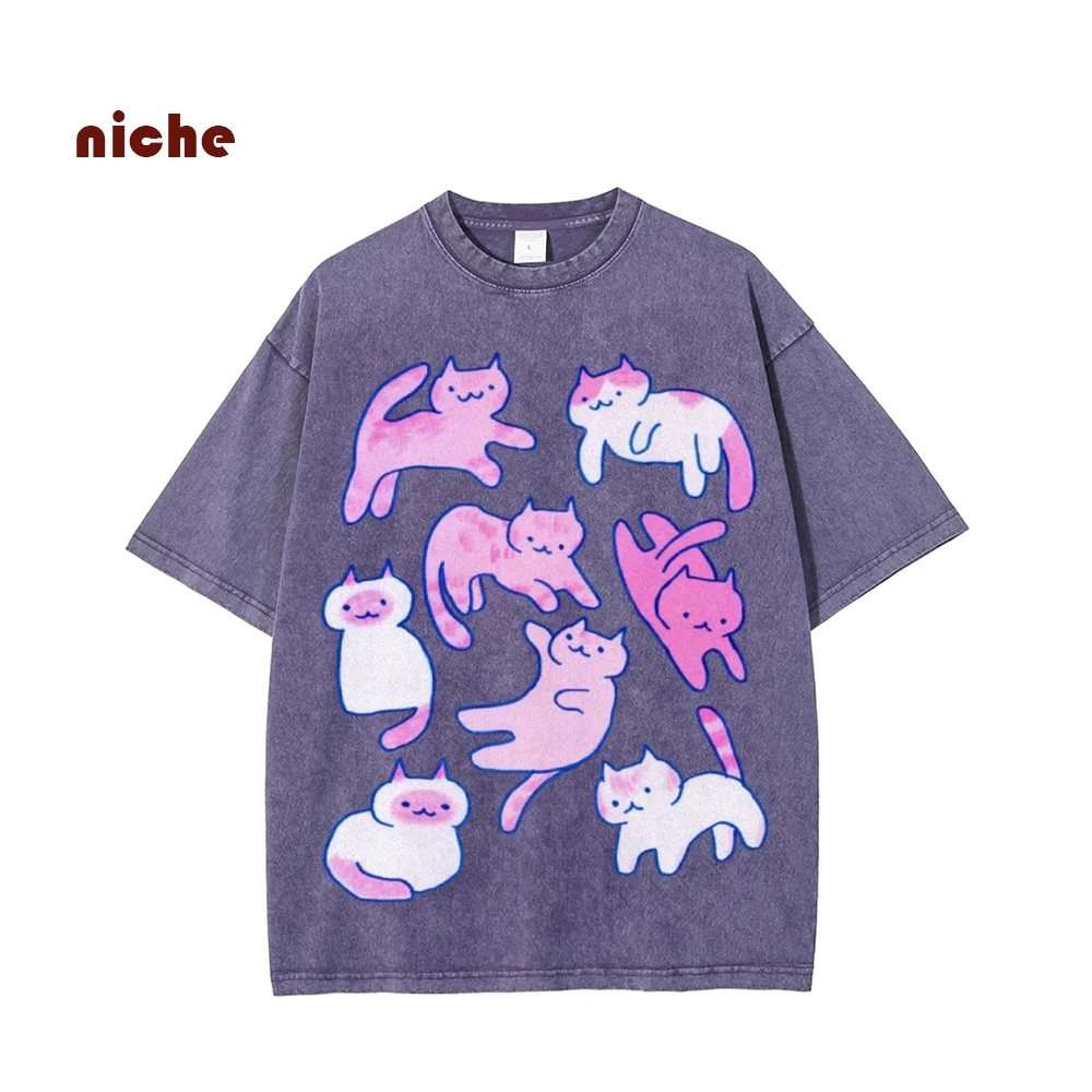 Kawaii Y2k Style Cotton T-Shirt Color Smudged Kitten Print Crew Neck Shoulder Down High Quality Designer New Trend Short Sleeves