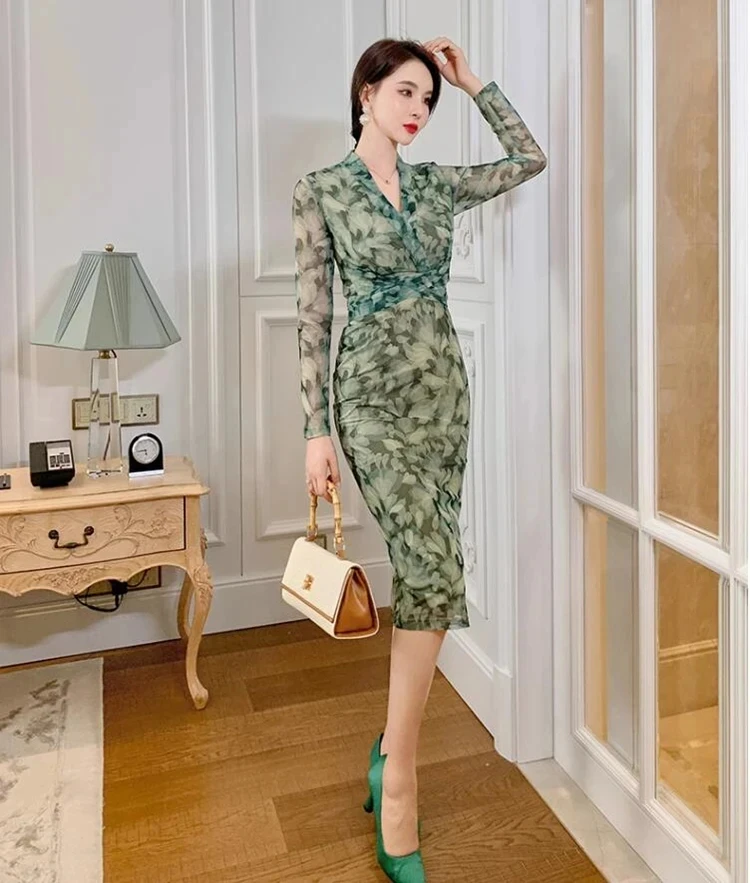 

new sping summer office lady Fashion casual brand mid age female women green dress