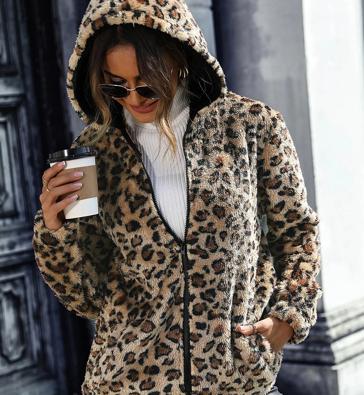 

Women's Leopard Print Hooded Coat Casual Long Sleeve Jacket Autumn Winter