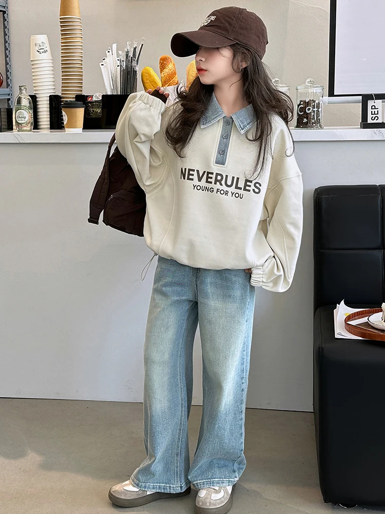 Frühlings-lässiges, faionable Mädchen-Zweiteiler-Set aus Baumwolle mit langen Ärmeln, Sweatshirt und Jeans für kleine Mädchen ab 7 Jahren