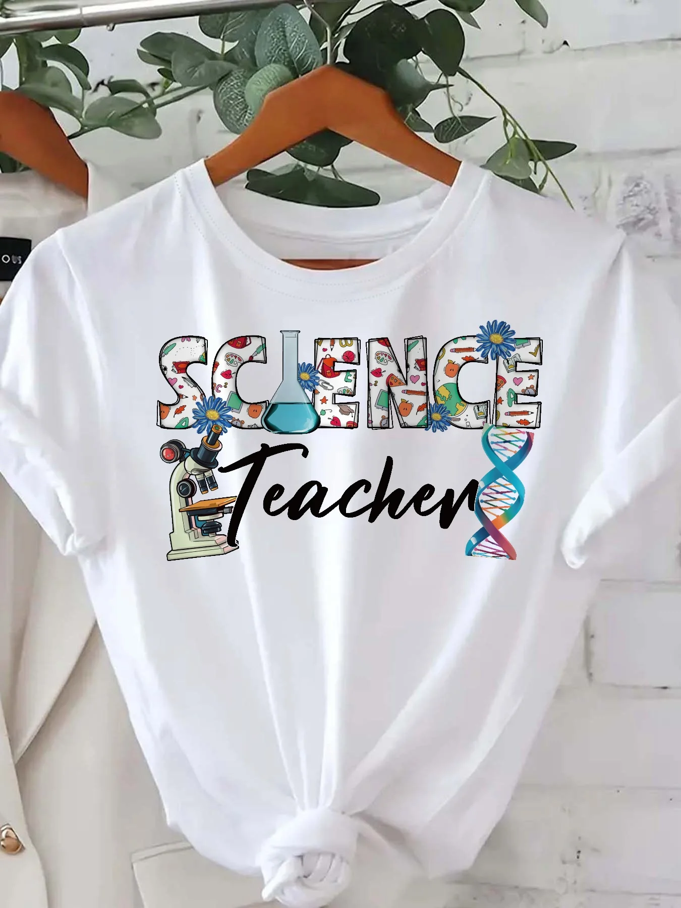 Women's Science Teacher Graphic Print Short Sleeve T-Shirt Microscope Lab Icons Comfort Fit Round Neck Casual Top