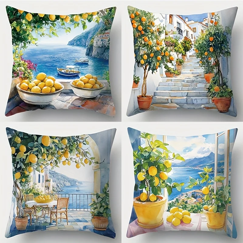 Decorative Lemon Print Mediterranean Pillow Covers Set 4 Pack Coastal Italian Home Decor Cushion Throw Pillow Cases