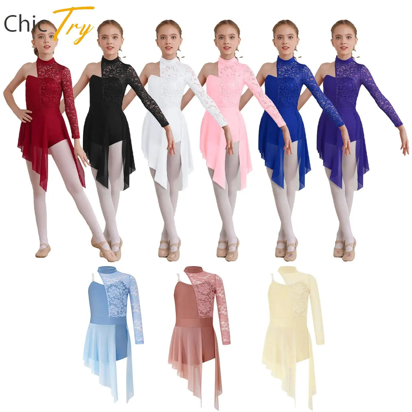 

Girls Gymnastic Ballet Figure Skating Leotard Dress Kids One Shoulder Lace Lyrical Modern Dance Dress Stage Performance Clothes