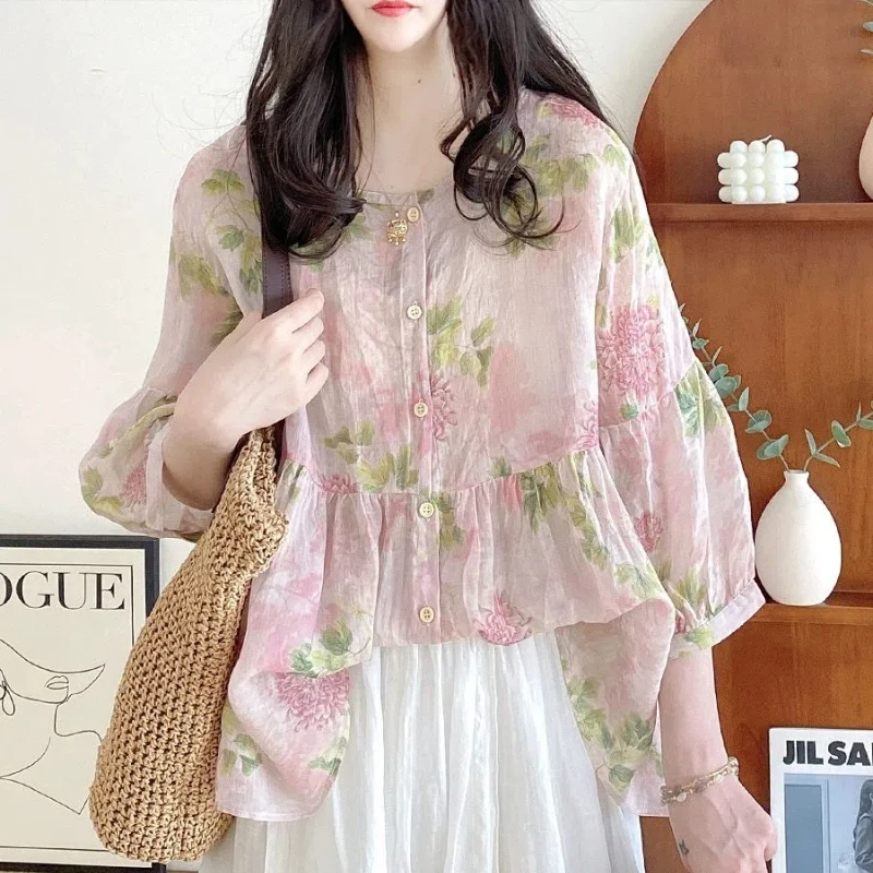 Doll Top Women\'s Summer New Loose and Sweet Summer Round Neck Lantern Sleeves Fluffy Floral Seven Quarter Sleeve Shirt