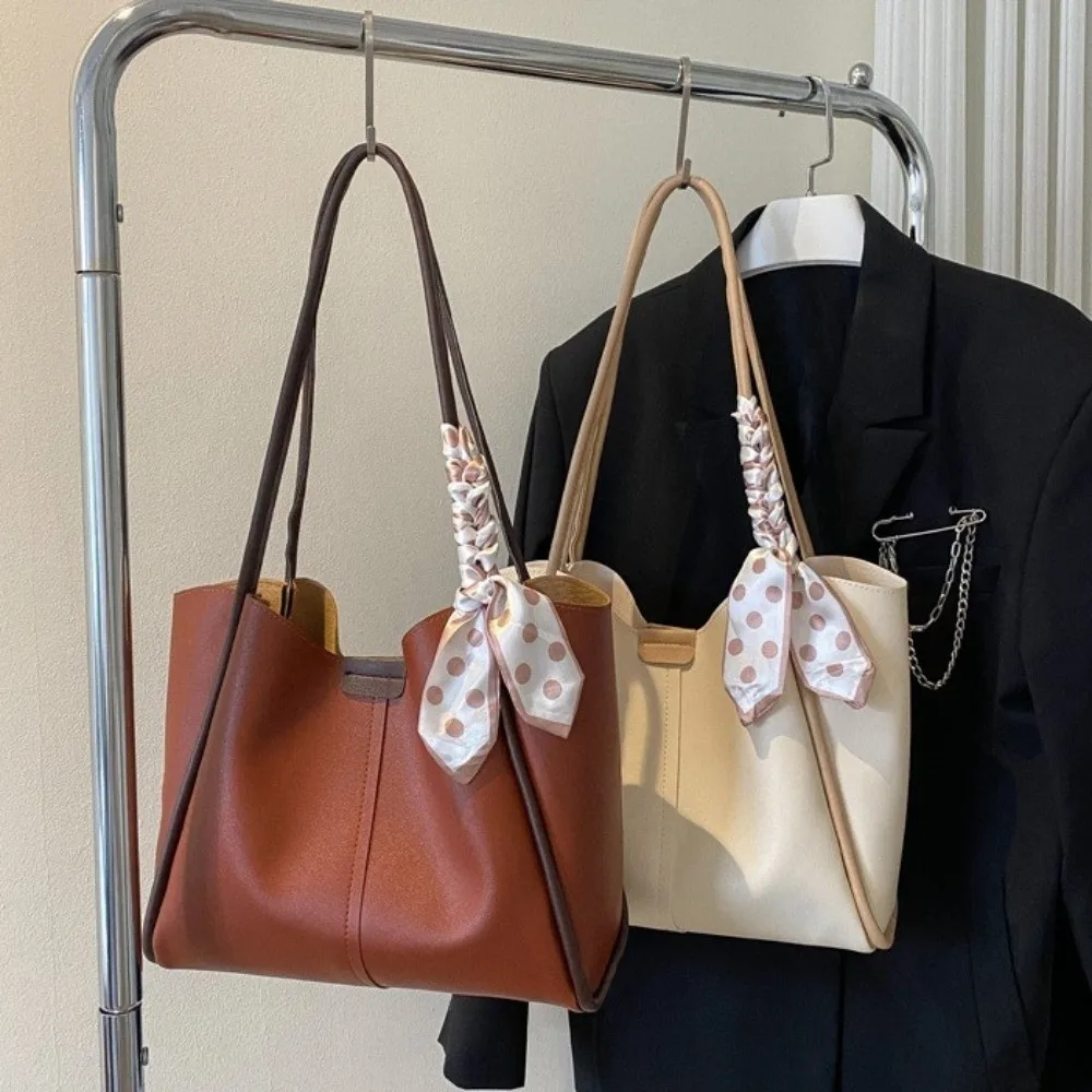 

Tote Bag Women PU Shoulder Bag Large Capacity PU Leather Silk Scarf Straps Handbag with Small Bag Korean Style PU Underarm Bag
