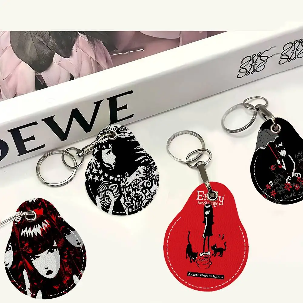 Comics Emily The Strange PU Leather Card Holder Keychain Key Ring Door Access Tags Case Keychain Access Card Bag Key Tag Ring