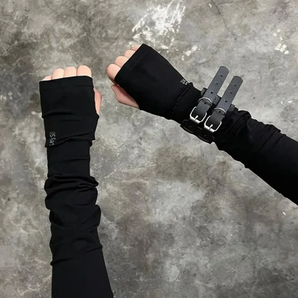 Cubierta de brazo negra gótica Punk para protección solar, Mangas de dedo de seda de hielo elásticas de Hip-hop, medio dedo, pulsera fresca Y2K PU, Verano