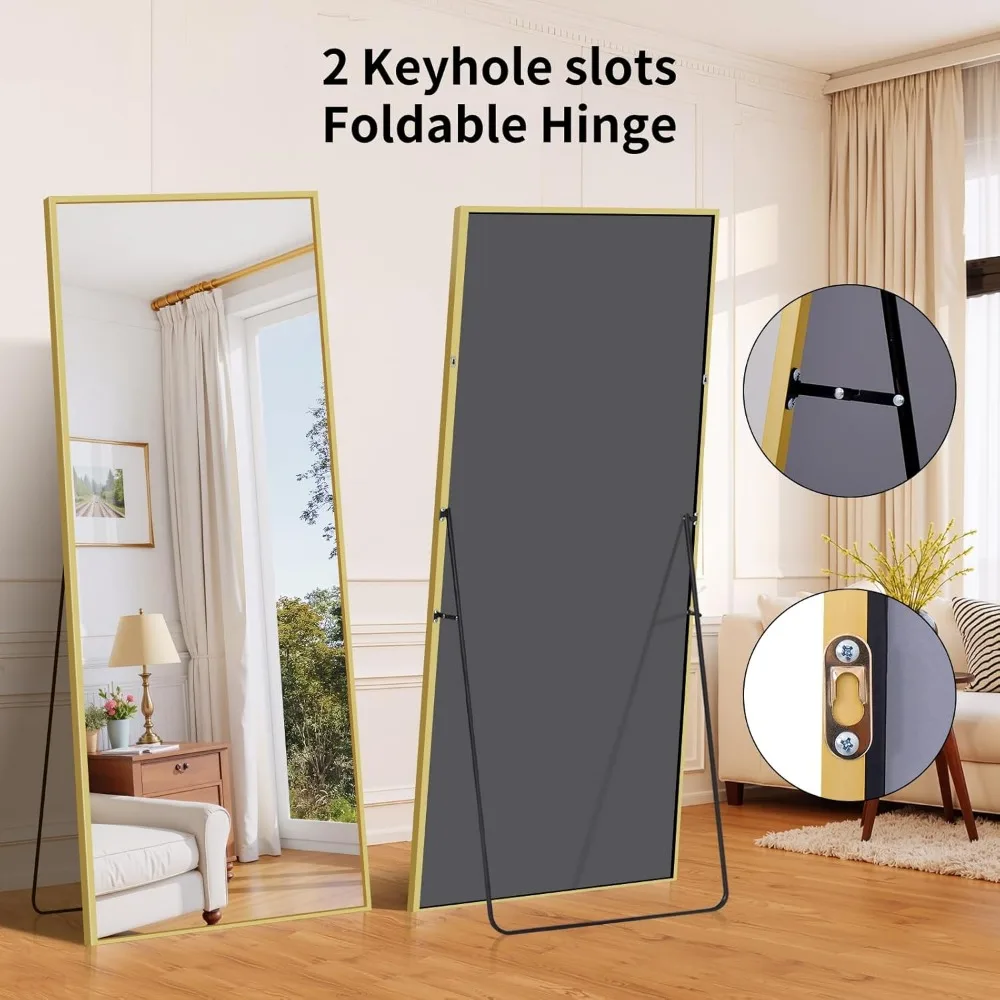 全身鏡 - アルミフレームの自立式ミラー、家庭用、大きな寝室やリビングルーム用ミラー、壁掛け可能