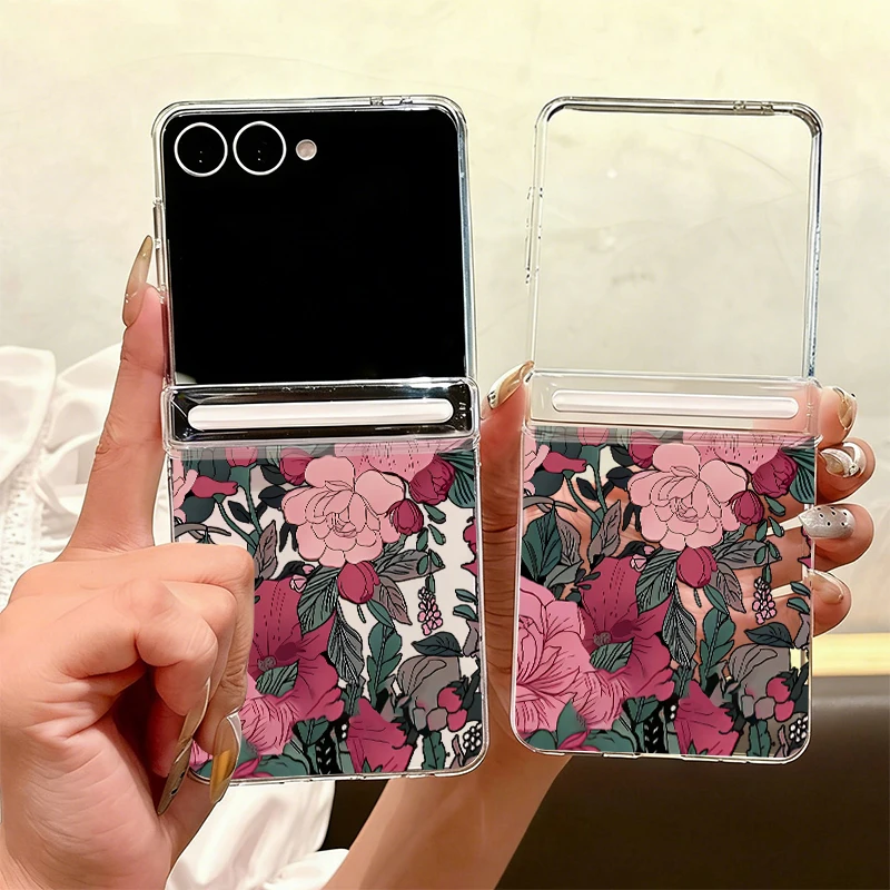 Magnetic Auto Adsorption Phone Case For Samsung Galaxy Z Flip 8 7 FE 6 5 Flip8 Flip7 5G Black Rose Print Clear Hard PC Cover
