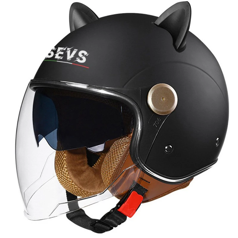 

Мотоциклетные шлемы с кошачьими ушками и линзами с открытым лицом, мужской и женский реактивный шлем со встроенным цветным козырьком 3/4, открытый полушлем DOT ECE