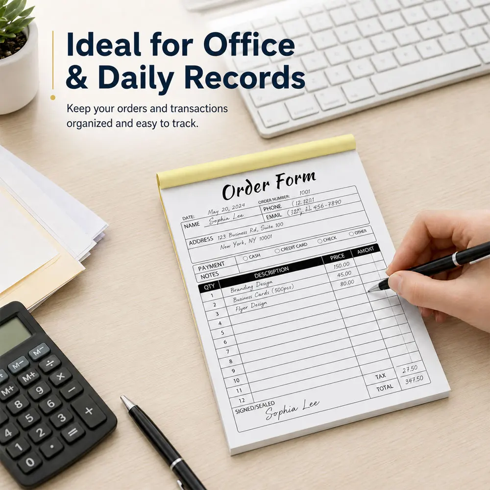 2-Pack Carbonless Order Form Receipt Books, White/Yellow Copy, 5.5x8.3in Tear-Off Pads for Office Retail