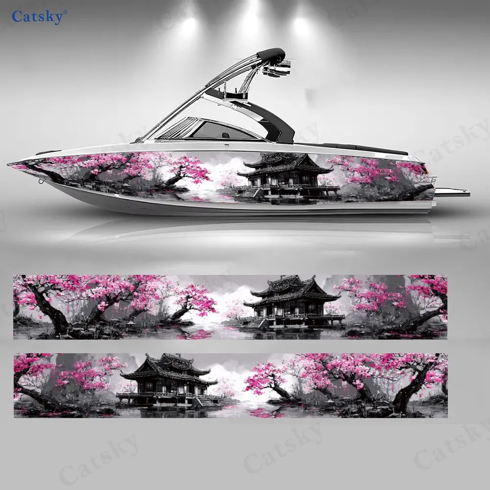 

2Pcs Ink Wash Cherry Blossom Courtyard Boat Stickers, PVC Waterproof Vinyl Wrap Decals for Fishing Boats, Durable Stylish Design