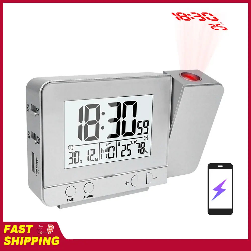 Despertador Projetor para Quarto com Termômetro e Higrômetro, Relógio Digital de Teto com Display Regulável e Carregador USB