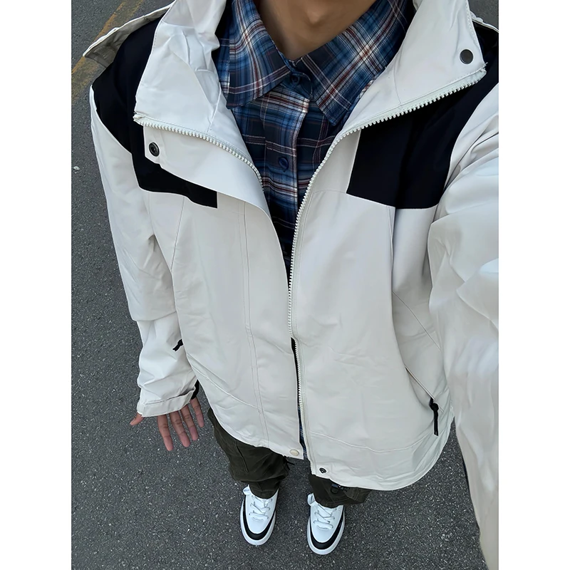 

American Sle Men's Outdoor Waterproof Jaet with Detachable Hat Autumn Winter Climbing Suit Coat Loose Fit Faionable