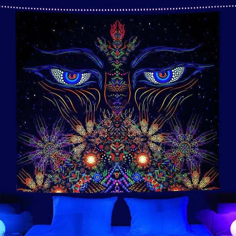VIKAMA Blacklight Eyes Tapestry UV Reactive Neon Fractal Psychedelic Symmetric Art Wall Hanging Trippy Glow Wall Decor Party