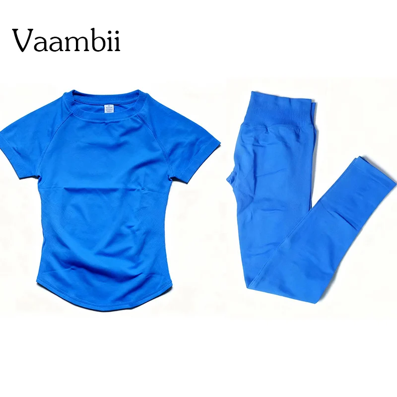 

Комплект для тренировок: топ с коротким рукавом и леггинсы, 2 предмета, бесшовный спортивный костюм для йоги и фитнеса для женщин