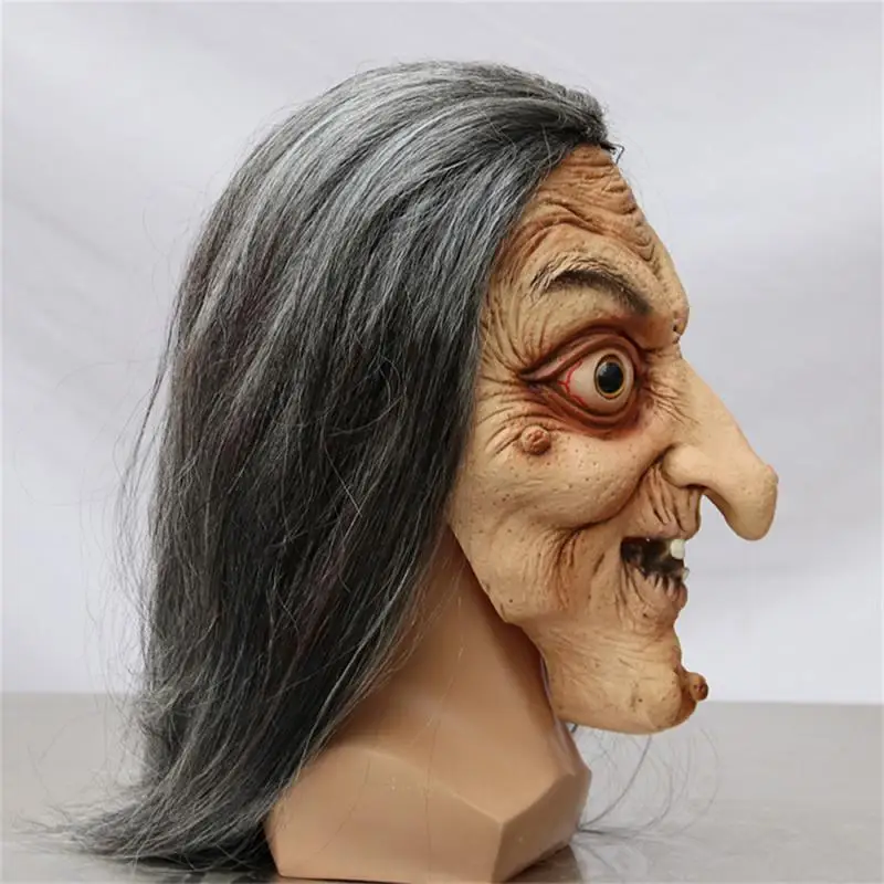 Scary Old Witch Mask Latex with Hair Halloween Fancy Dress Grimace Party Costume Cosplay Masks Props Adult One size