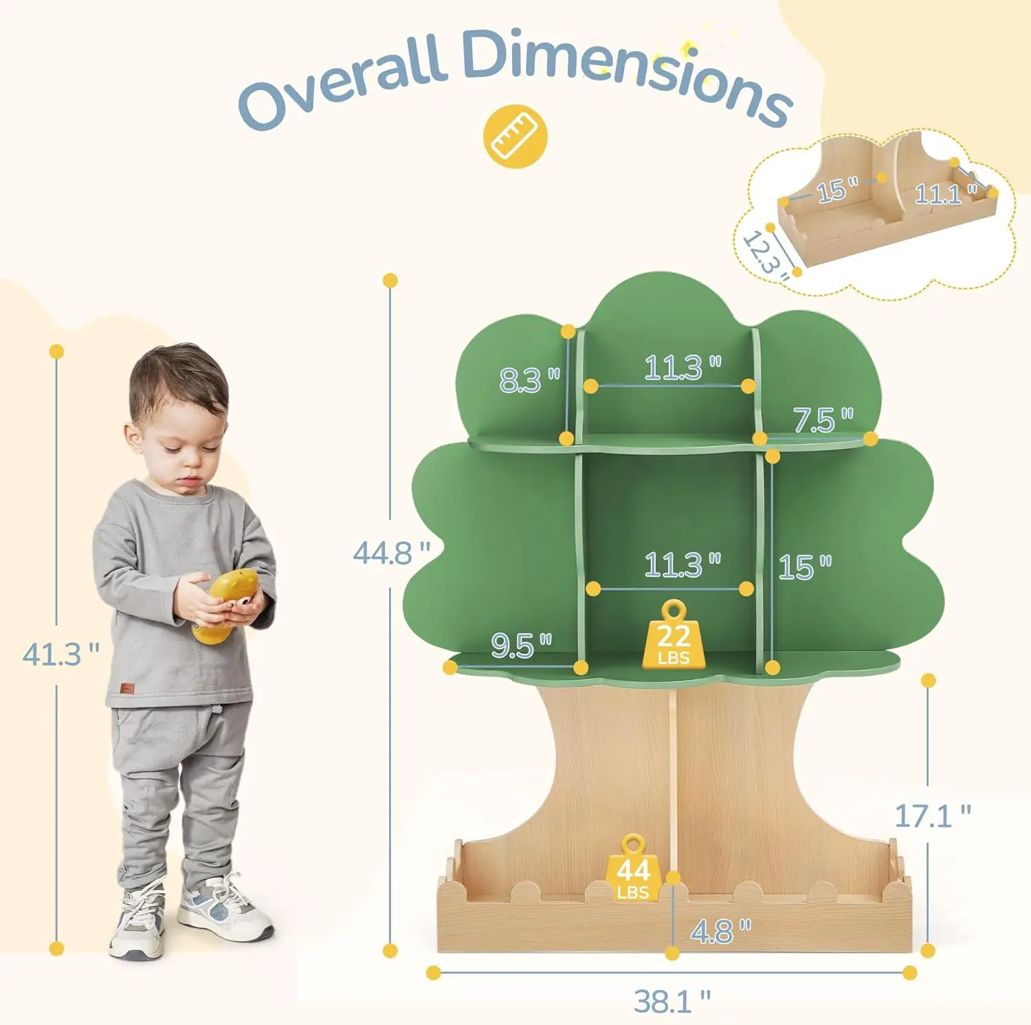 Boekenplank met onderste hek, peuterboekenplank voor kinderen, baby Montessori boekenplank en speelgoedopslag, houten boekenkast, boekenplank